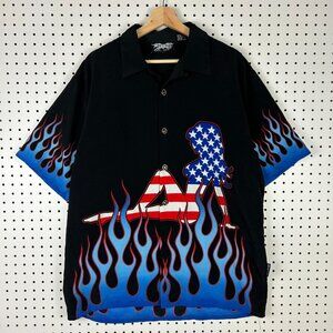 Dragon Fly Flames Short Sleeve Shirt Large Black Button USA Biker Bikini Girl